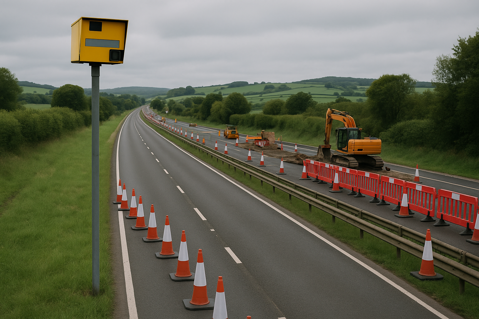 A rural dual carriage way with roadworks and speed cameras