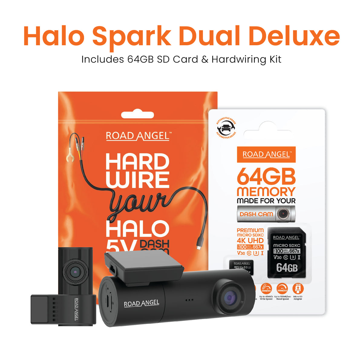 New - Halo Spark Dual Full HD 1080p Front & Rear Dash Camera With Dual Pchaarking Mode & Winter Mode (USB-C) With 64GB SD Card & Hardwiring Kit Bundle