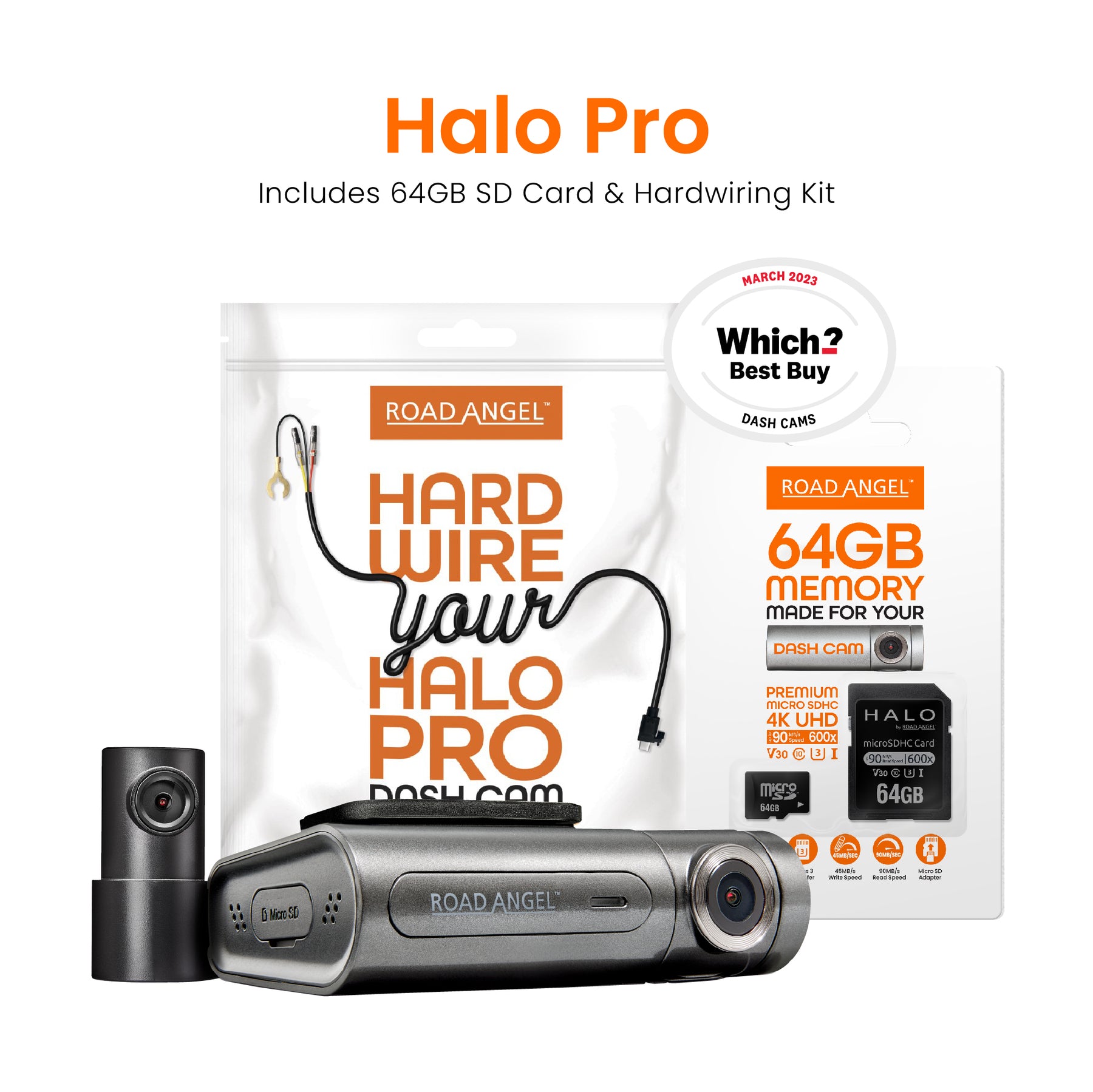 Road Angel Halo Pro Front and Rear Dash Cam with SD Card & Hardwiring Kit Bundle