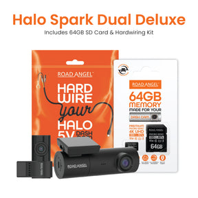 New - Halo Spark Dual Full HD 1080p Front & Rear Dash Camera With Dual Pchaarking Mode & Winter Mode (USB-C) With 64GB SD Card & Hardwiring Kit Bundle
