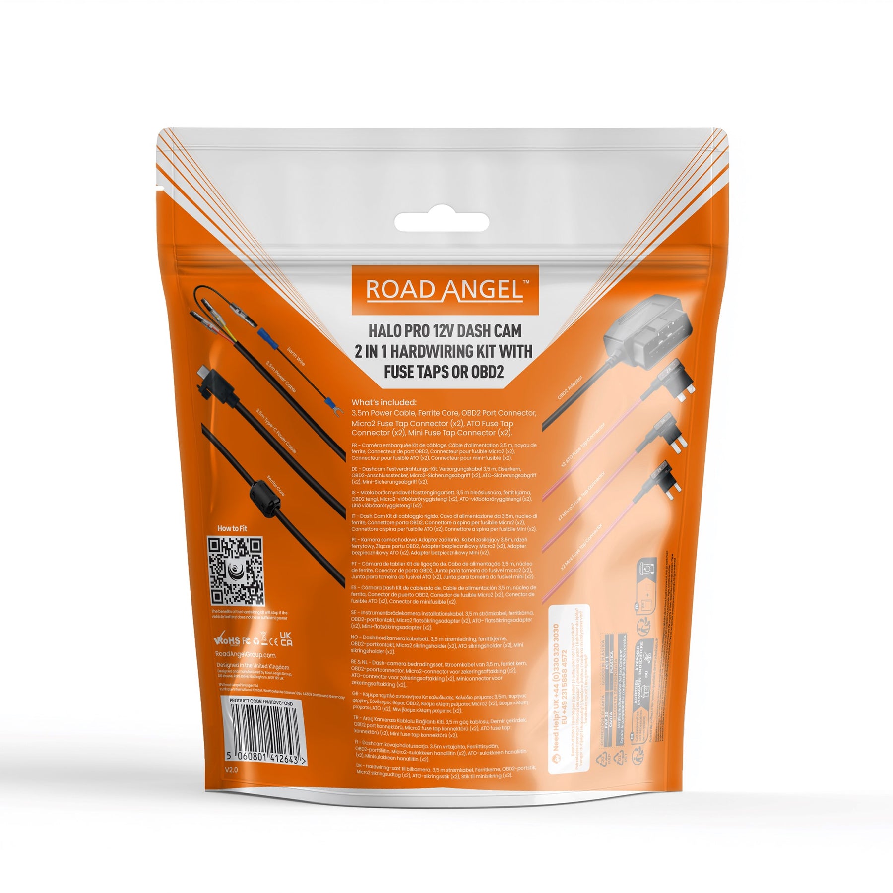 NEW - HWK12VC-OBD Road Angel Halo Pro Dash Cam 12V 2-in-1 Hardwire Kit- USB Type-C, Fuse Taps & OBD 2