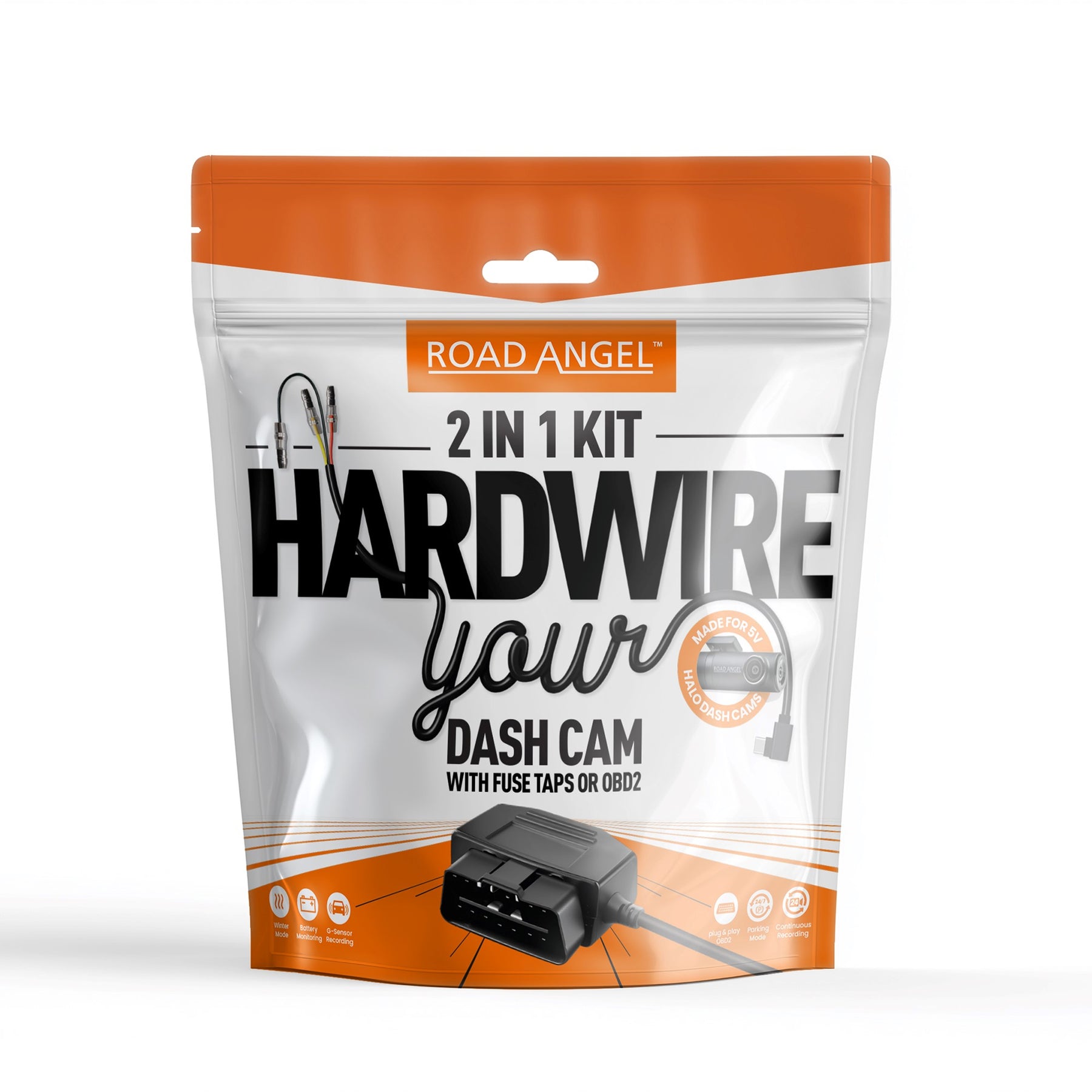 NEW - HWK5VC-OBD Road Angel Halo Dash Cam 5V 2-in-1 Hardwire Kit- USB Type-C, Fuse Taps & OBD 2