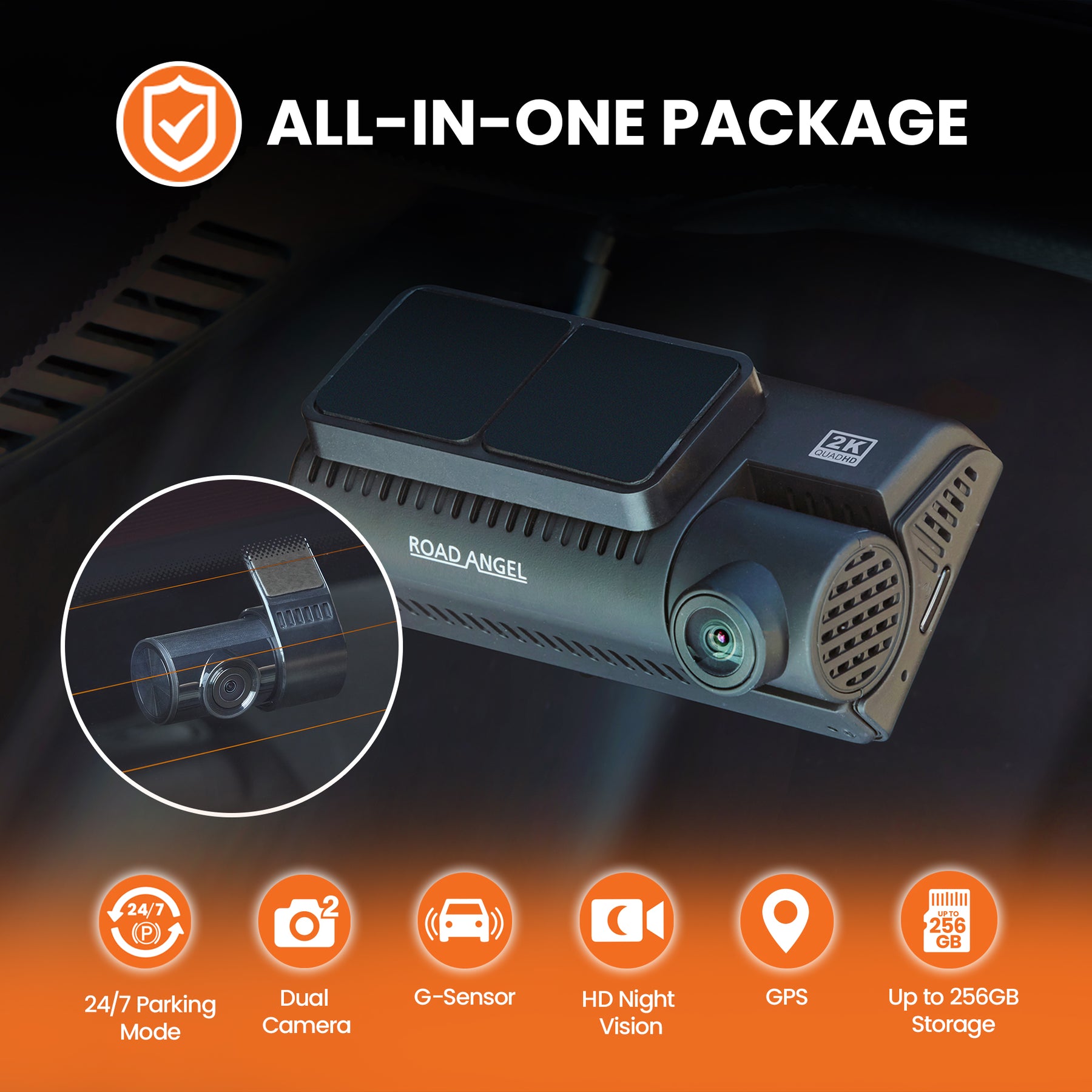 Halo Guardian 2K+ Dual Dash Cam with 3.2" Screen, Parking Mode & Quick Release mounting With 64GB SD Card & Hardwiring Kit Bundle