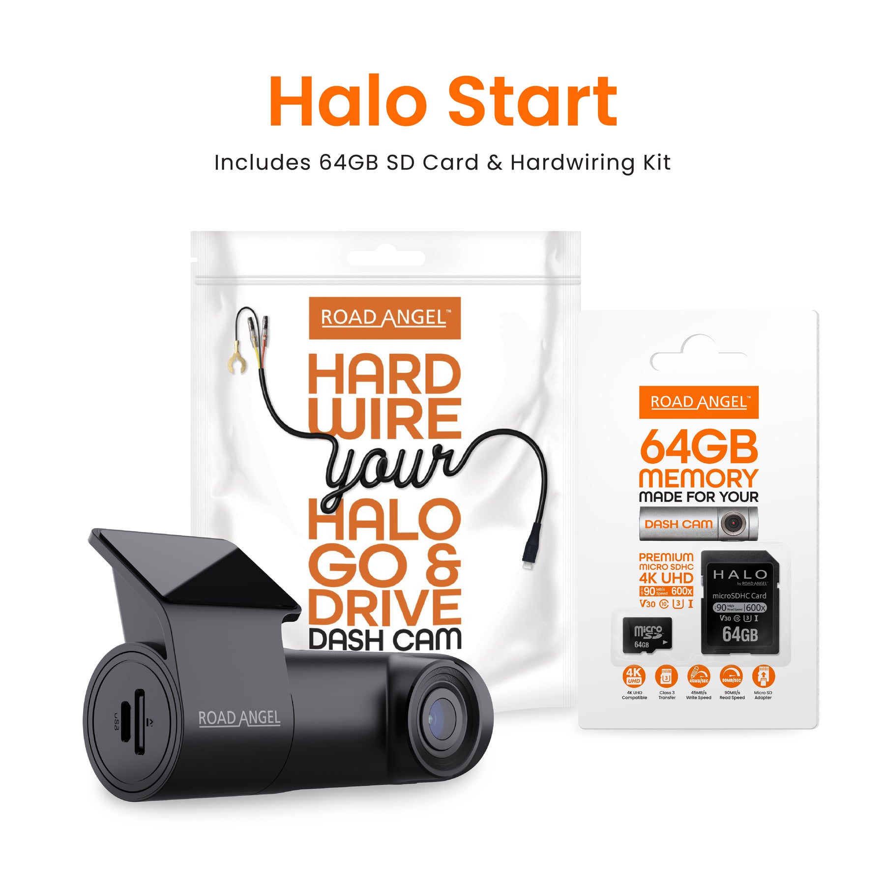 NEW - Road Angel Halo Start 1080p Full HD Compact Dash Cam With Quick Release Mount with SD Card & Hardwiring Kit Bundle