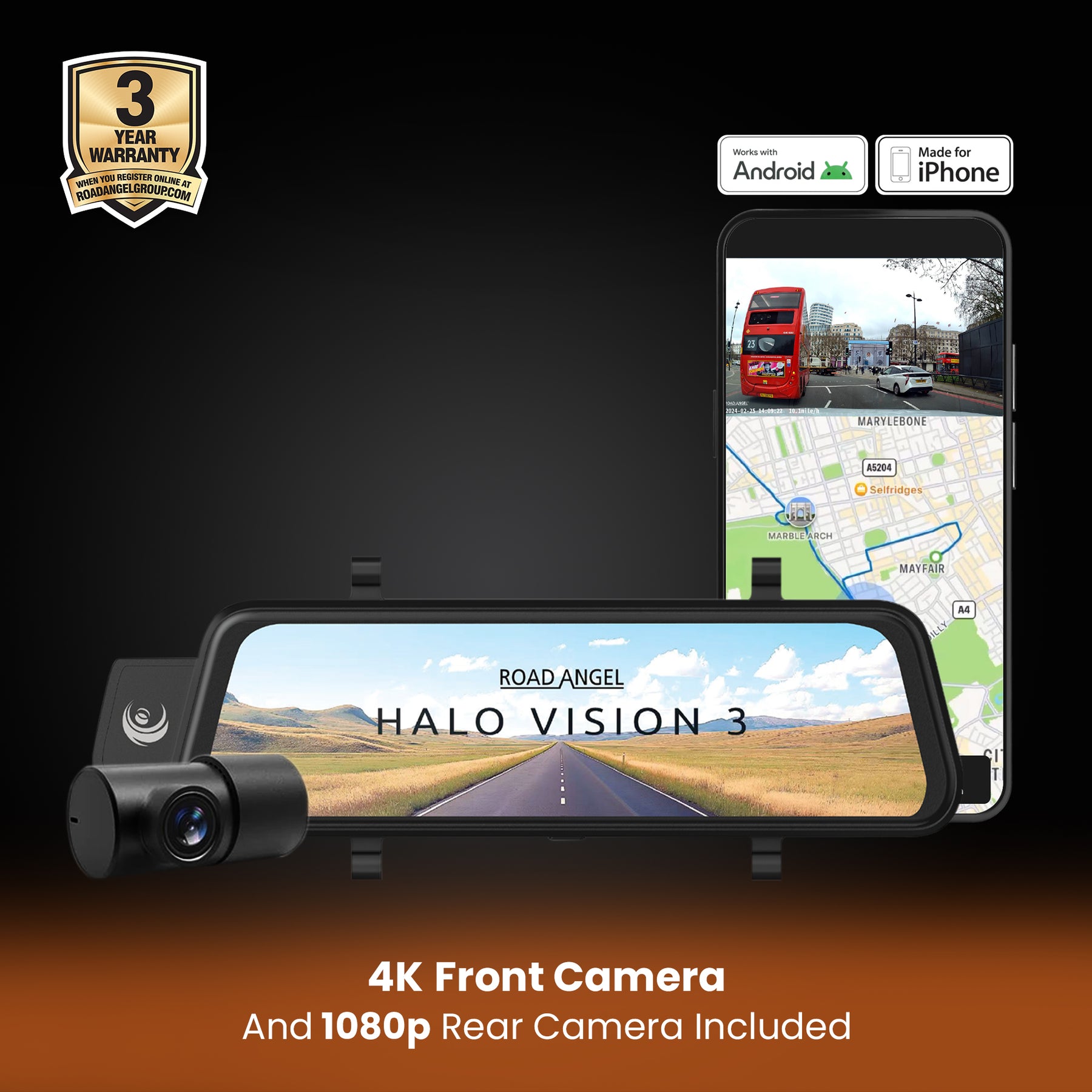 NEW - Halo Vision 3 4K – 2160p & 1080p Front & Rear Anti-Glare Mirror Dash Cam with integrated 10 inch LCD touchscreen with 64GB SD Card & Hardwiring Kit Bundle