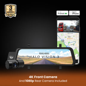 NEW - Halo Vision 3 4K – 2160p & 1080p Front & Rear Anti-Glare Mirror Dash Cam with integrated 10 inch LCD touchscreen with 64GB SD Card & Hardwiring Kit Bundle