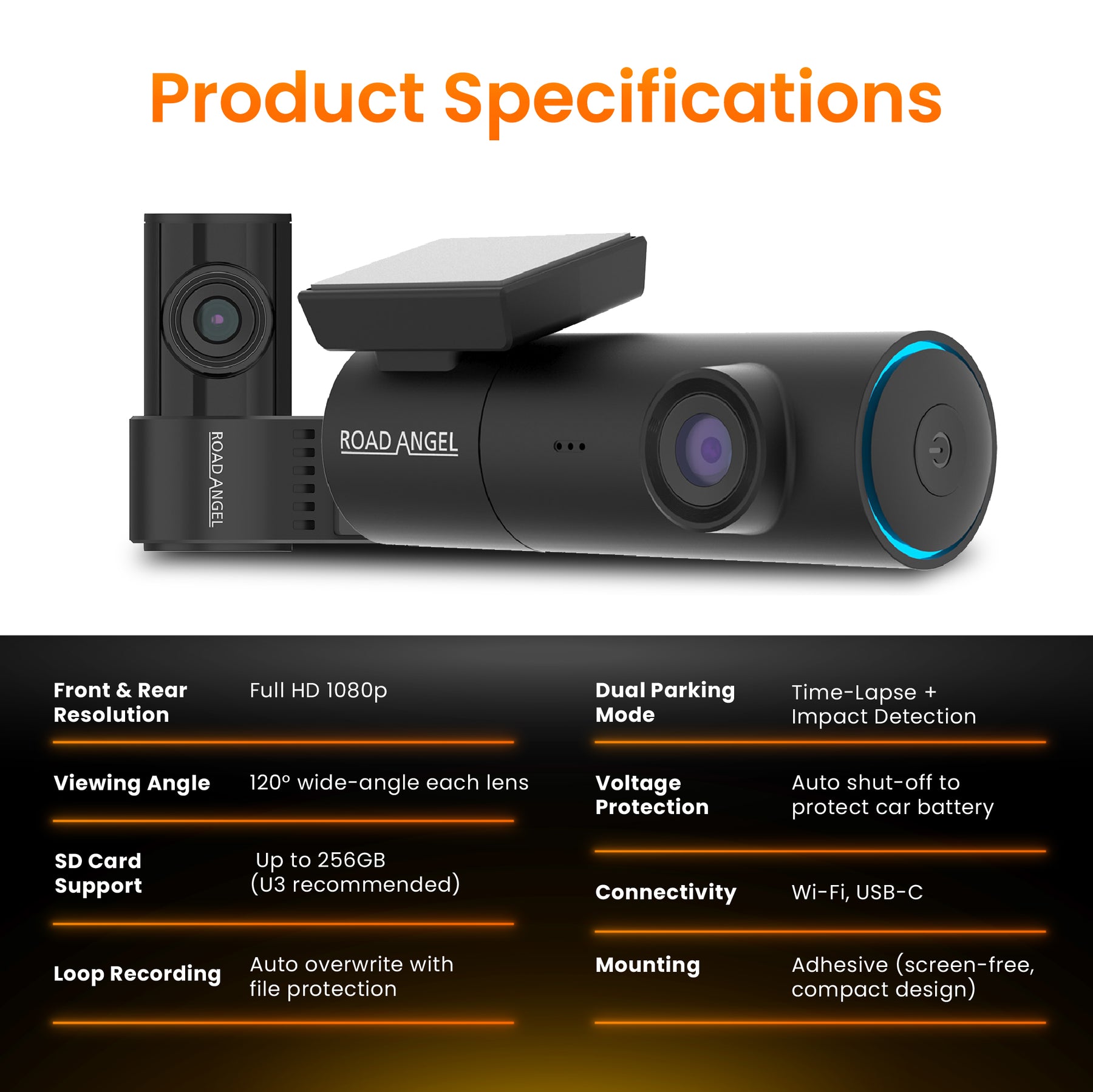 New - Halo Spark Dual Full HD 1080p Front & Rear Dash Camera With Dual Pchaarking Mode & Winter Mode (USB-C) With 64GB SD Card & Hardwiring Kit Bundle