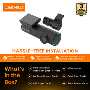 New - Halo Spark Dual Full HD 1080p Front & Rear Dash Camera With Dual Pchaarking Mode & Winter Mode (USB-C) With 64GB SD Card & Hardwiring Kit Bundle