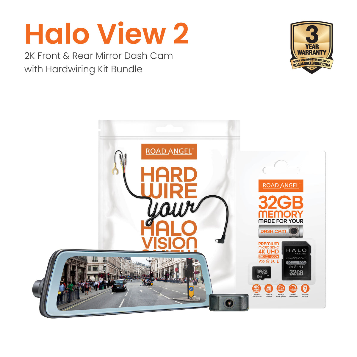 NEW - Road Angel Halo View 2 Rear View Mirror and Dash Cam with 32GB SD Card & Hardwiring Kit Bundle