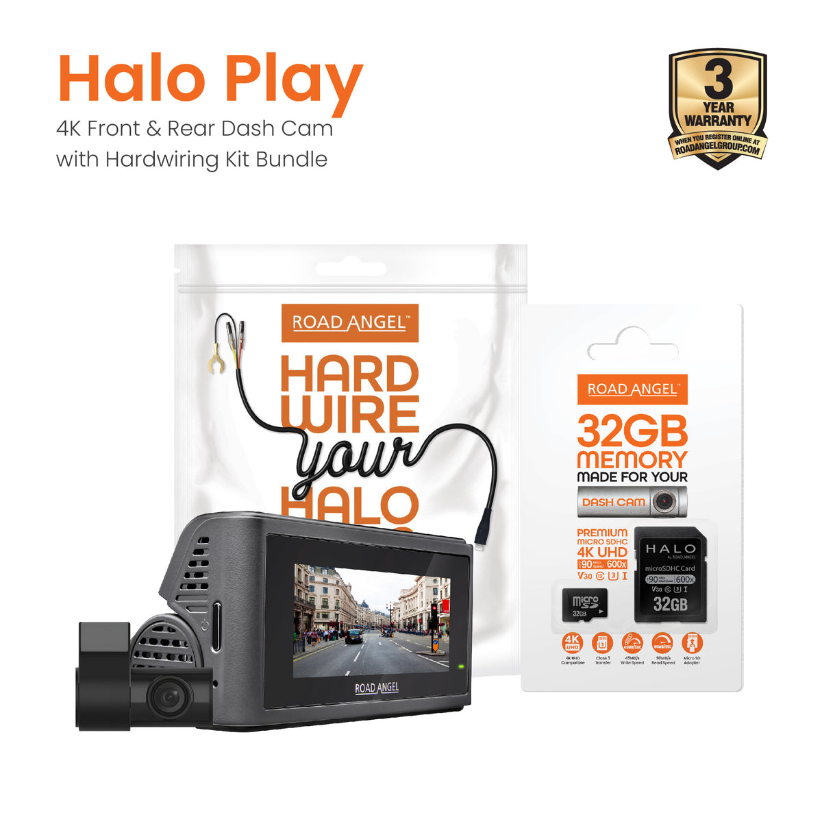 New- Road Angel Halo Play 4K Dual Dash Cam with 3.2" Screen, Parking Mode & Quick Release mounting with 32GB SD Card & Hardwiring Kit Bundle